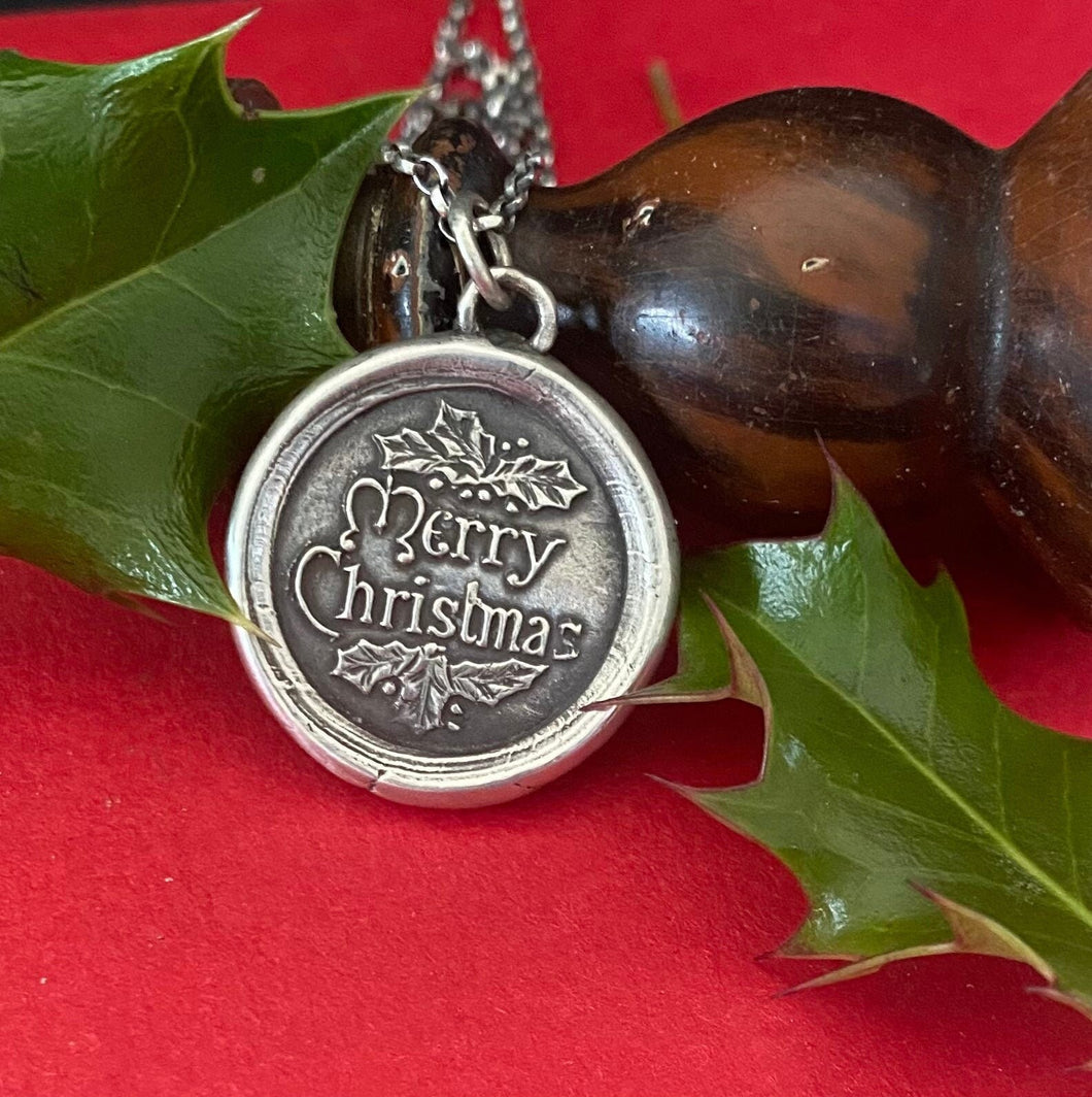 Merry Christmas, Victorian antique wax letter seal necklace. Holiday jewellery, sold sterling silver handmade Christmas pendant.
