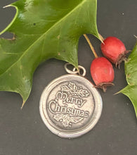 Load image into Gallery viewer, Merry Christmas, Victorian antique wax letter seal necklace. Holiday jewellery, sold sterling silver handmade Christmas pendant.