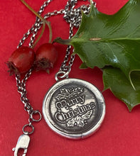 Load image into Gallery viewer, Merry Christmas, Victorian antique wax letter seal necklace. Holiday jewellery, sold sterling silver handmade Christmas pendant.