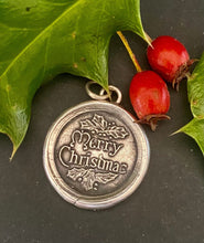 Load image into Gallery viewer, Merry Christmas, Victorian antique wax letter seal necklace. Holiday jewellery, sold sterling silver handmade Christmas pendant.