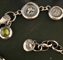 Load image into Gallery viewer, Irish Victorian inspired bracelet.  Sterling silver, handmade bracelet with shamrock charms and a vesuvianite gem.