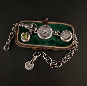 Irish Victorian inspired bracelet.  Sterling silver, handmade bracelet with shamrock charms and a vesuvianite gem.