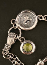 Load image into Gallery viewer, Irish Victorian inspired bracelet.  Sterling silver, handmade bracelet with shamrock charms and a vesuvianite gem.