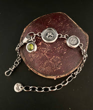 Load image into Gallery viewer, Irish Victorian inspired bracelet.  Sterling silver, handmade bracelet with shamrock charms and a vesuvianite gem.