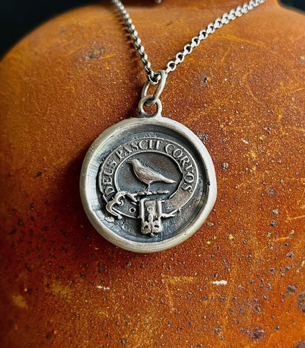 God Feeds the Ravens 25mm…. sterling silver antique wax letter seal. Religious pendant featuring a crow or raven   (A01-1)