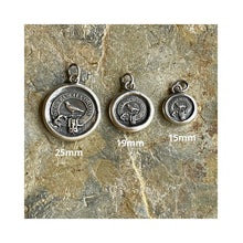 Load image into Gallery viewer, God Feeds the Ravens 25mm…. sterling silver antique wax letter seal. Religious pendant featuring a crow or raven   (A01-1)