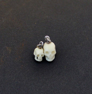 Hand Carved Skull Charm, Large and Small.  Bone carved skull. memento mori skull, mourning jewelry, halloween jewelry.