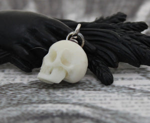 Hand Carved Skull Charm, Large and Small.  Bone carved skull. memento mori skull, mourning jewelry, halloween jewelry.