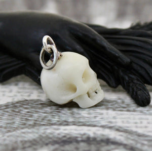 Hand Carved Skull Charm, Large and Small.  Bone carved skull. memento mori skull, mourning jewelry, halloween jewelry.