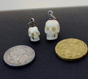 Hand Carved Skull Charm, Large and Small.  Bone carved skull. memento mori skull, mourning jewelry, halloween jewelry.