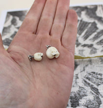 Load image into Gallery viewer, Hand Carved Skull Charm, Large and Small.  Bone carved skull. memento mori skull, mourning jewelry, halloween jewelry.