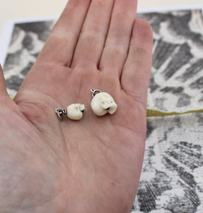 Hand Carved Skull Charm, Large and Small.  Bone carved skull. memento mori skull, mourning jewelry, halloween jewelry.