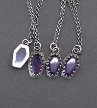 Load image into Gallery viewer, Amethyst Coffin, Sterling silver handmade pedant.  Memento Mori, remember you must die.