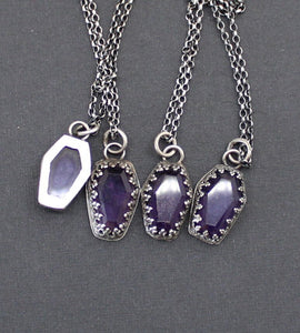 Amethyst Coffin, Sterling silver handmade pedant.  Memento Mori, remember you must die.