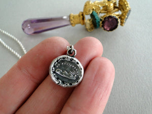 Je Reviendrai... I will return, setting sun, Antique wax seal impression, sterling silver pendant and chain