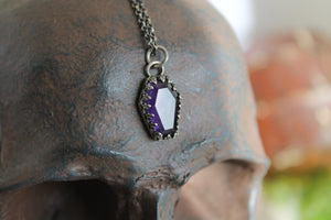 Amethyst Coffin, Sterling silver handmade pedant.  Memento Mori, remember you must die.