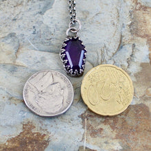 Load image into Gallery viewer, Amethyst Coffin, Sterling silver handmade pedant.  Memento Mori, remember you must die.