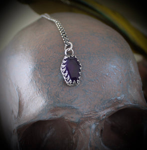 Amethyst Coffin, Sterling silver handmade pedant.  Memento Mori, remember you must die.