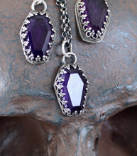 Load image into Gallery viewer, Amethyst Coffin, Sterling silver handmade pedant.  Memento Mori, remember you must die.