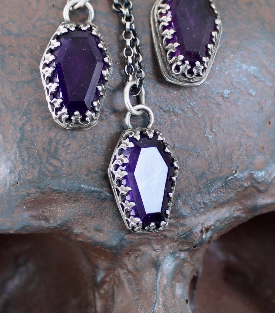 Amethyst Coffin, Sterling silver handmade pedant.  Memento Mori, remember you must die.