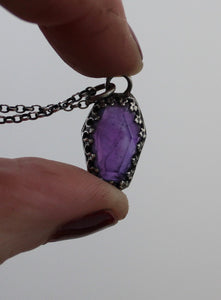 Amethyst Coffin, Sterling silver handmade pedant.  Memento Mori, remember you must die.